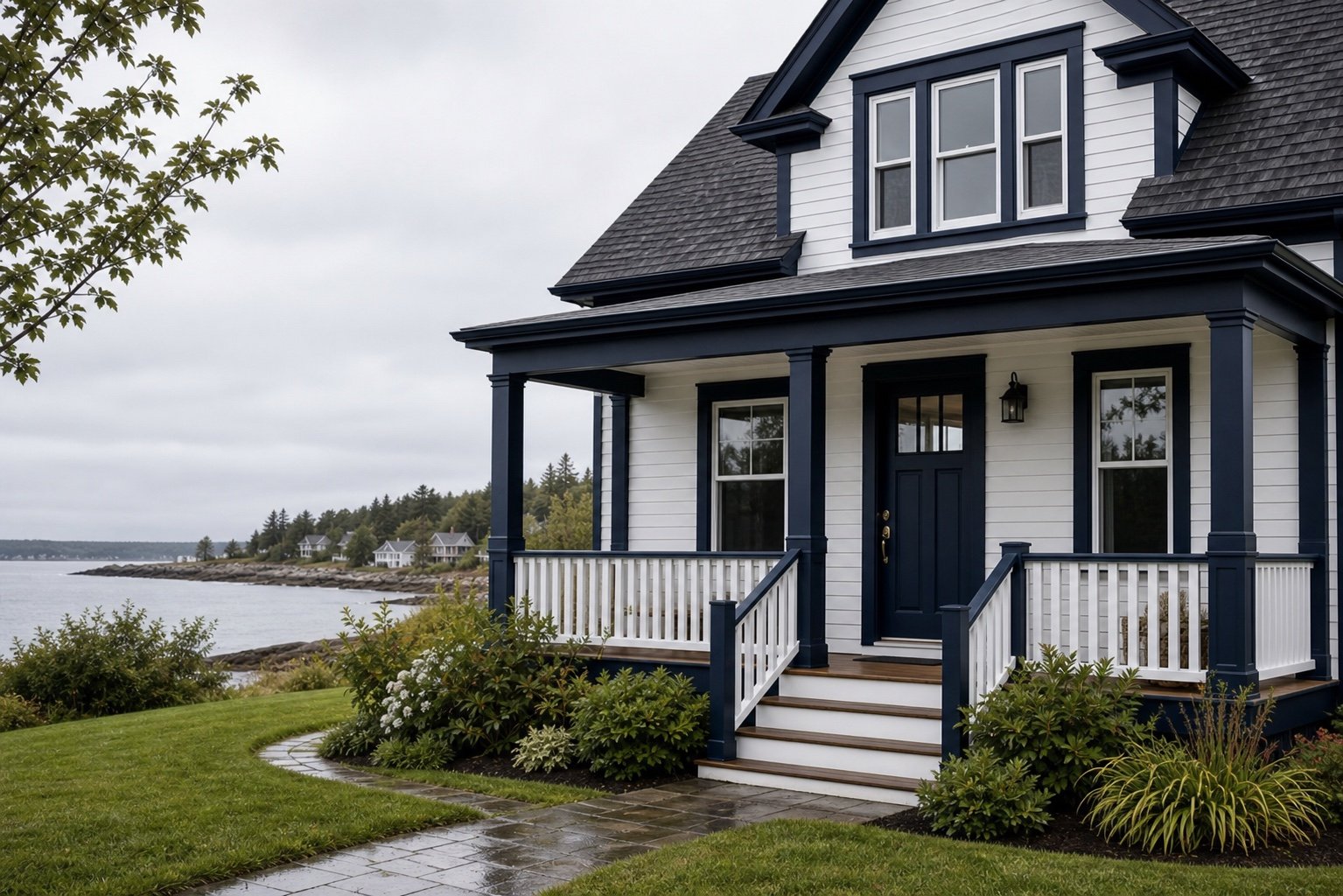 White-sided coastal home with deep navy trim and a wraparound porch in Nova Scotia
