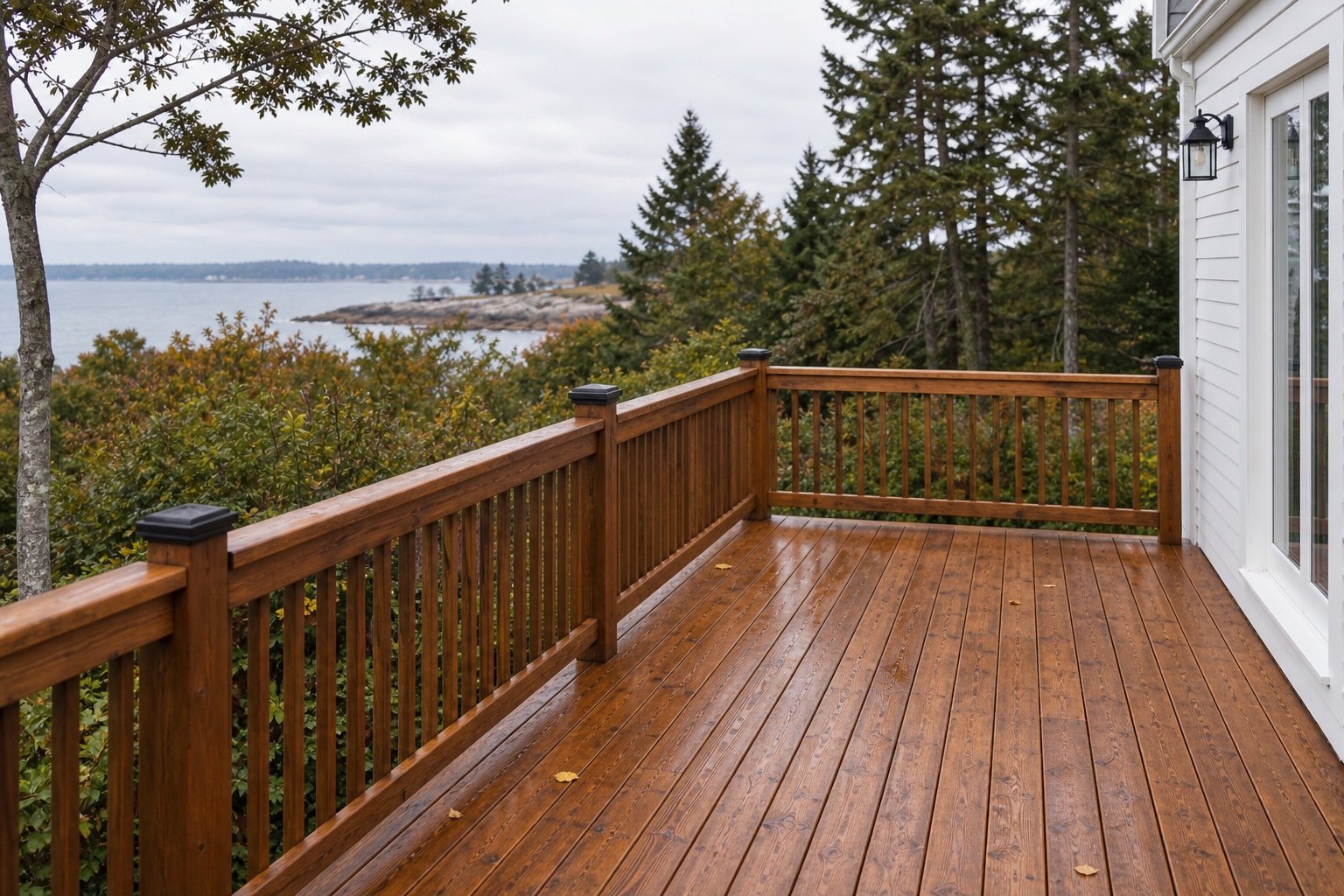 Freshly stained wood deck railing overlooking the coast