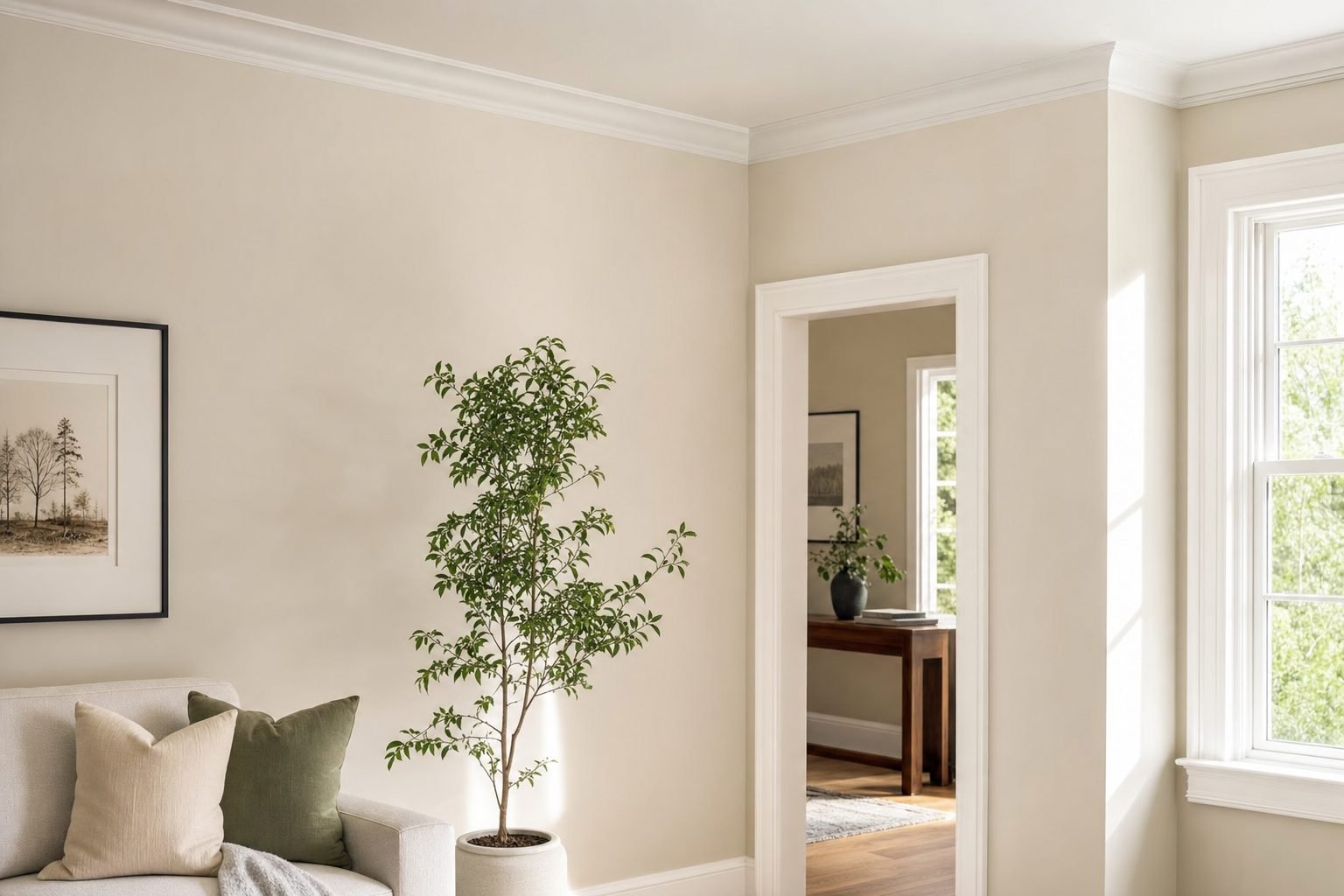 Close detail of painted baseboard and wall trim lines