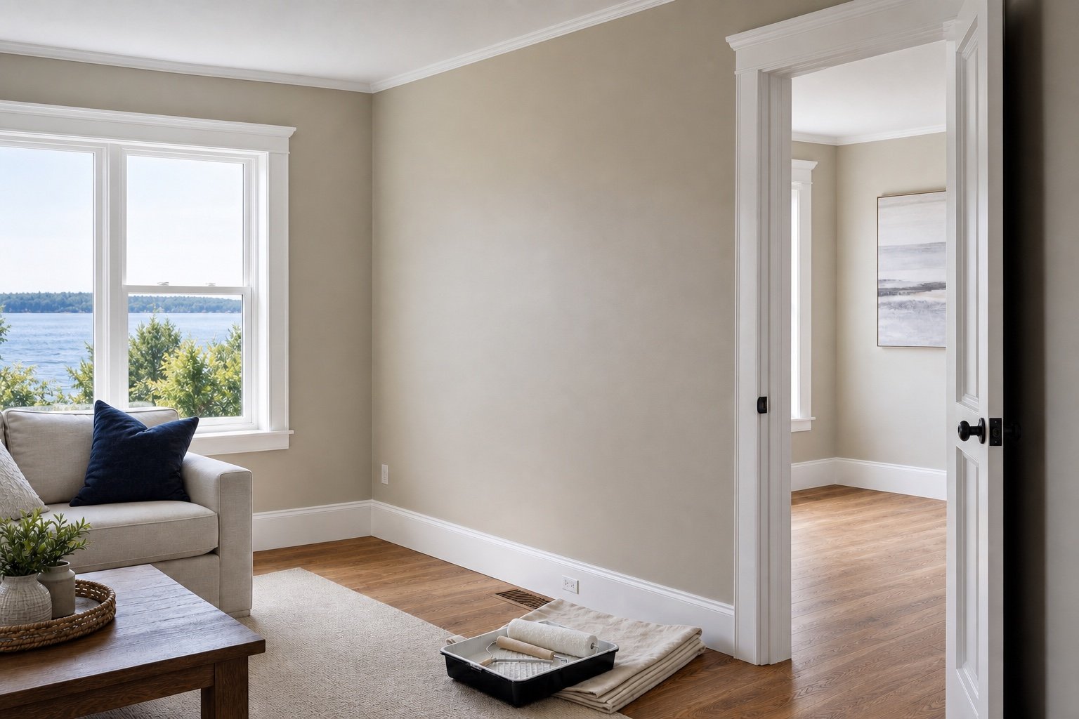 Interior room painted in warm cream with crisp white trim